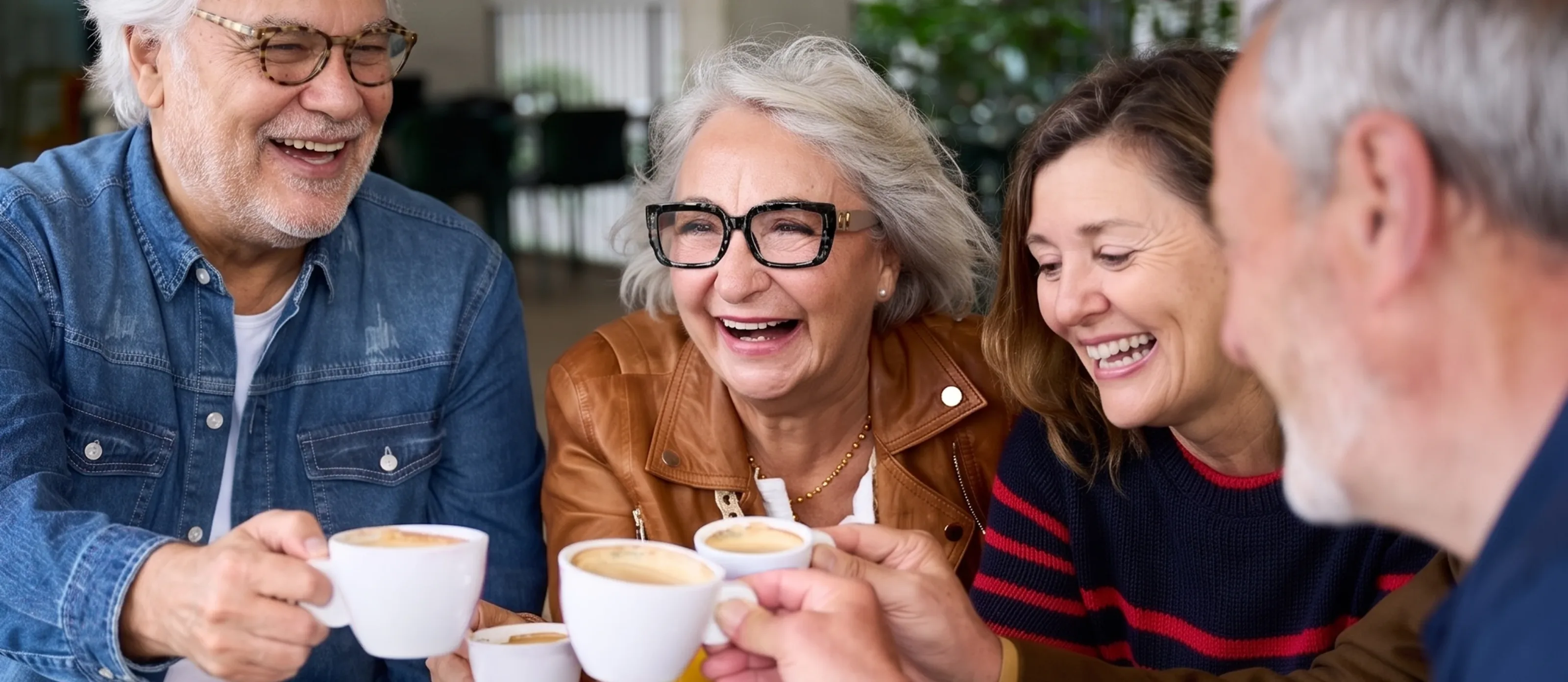 Group of people laughing and drinking coffee