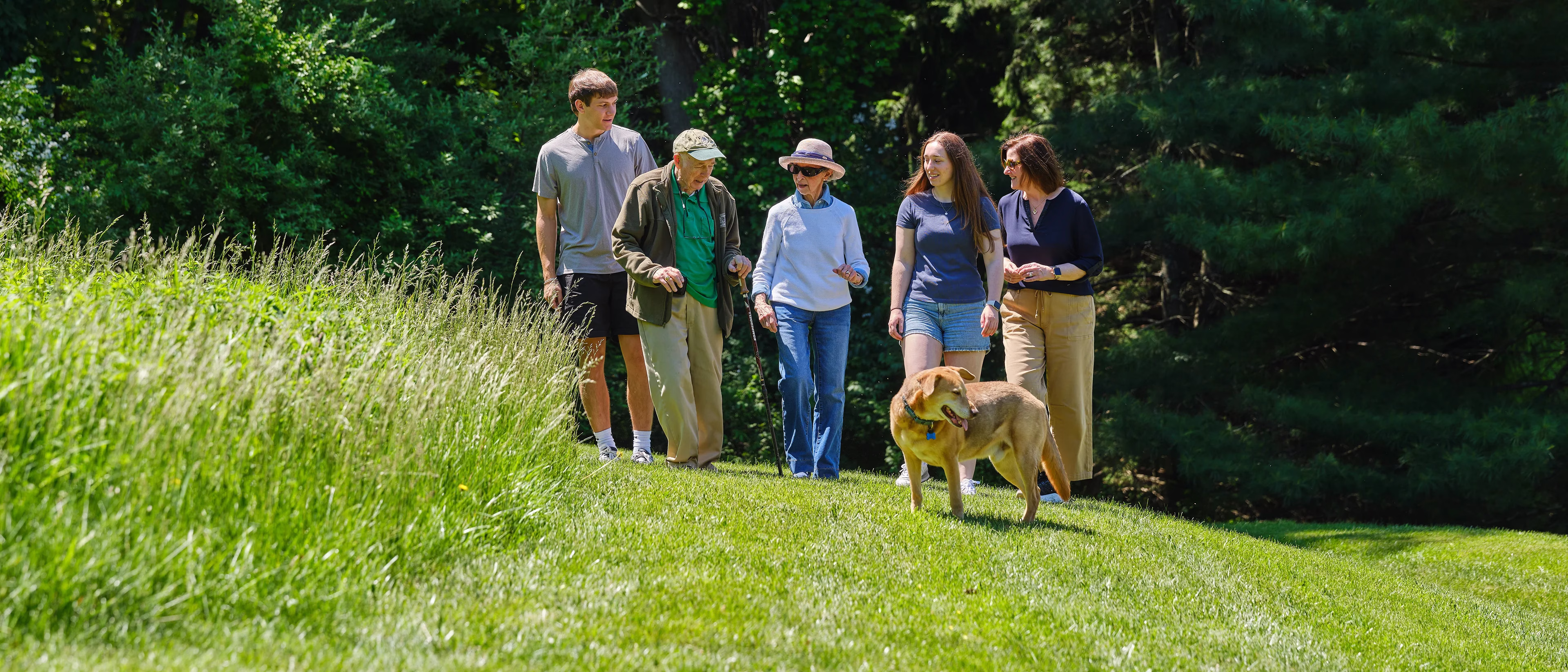 Family with dog walking on outdoor grass path