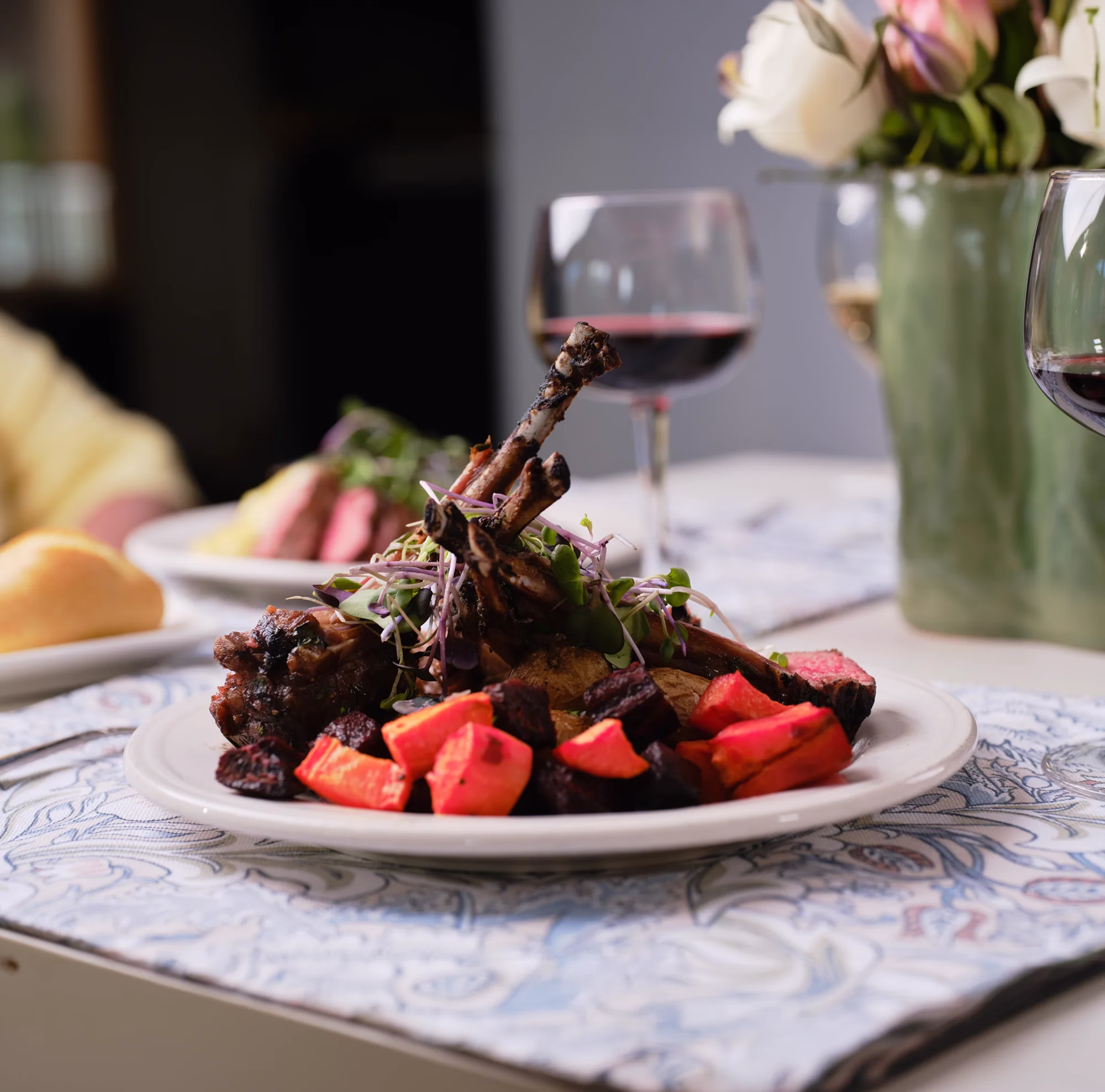 A delicious meal with a glass of wine
