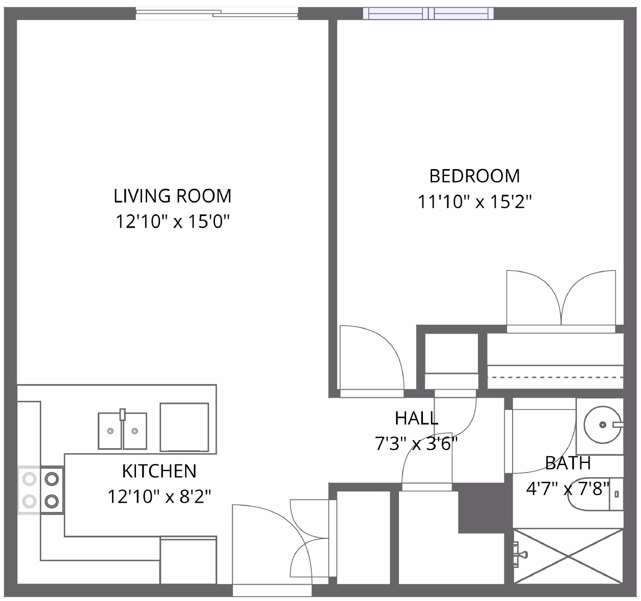 1 Bedroom 1 Bath floor plan